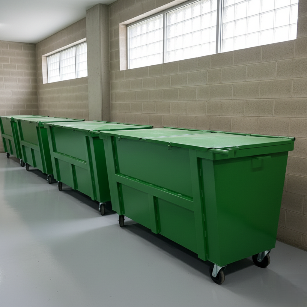 Área de lixo de condomínio organizada com containers metálicos