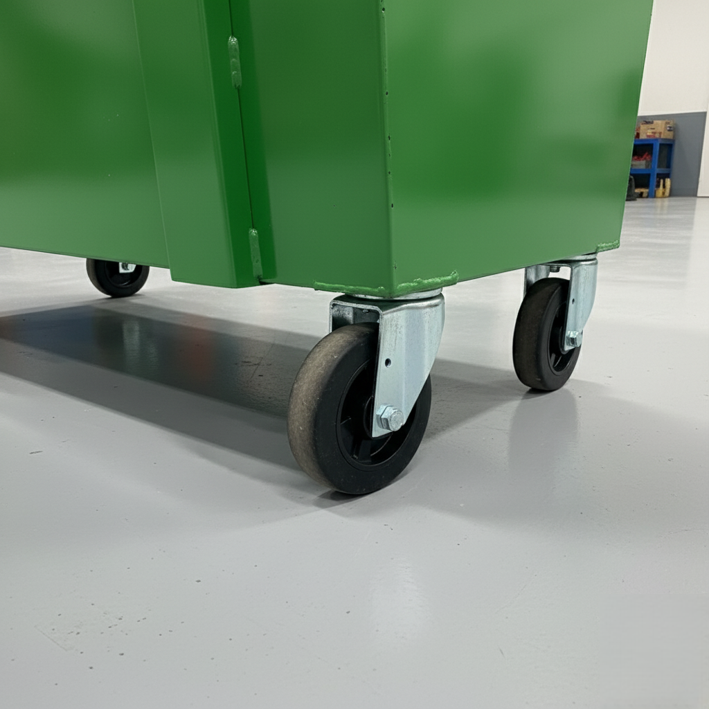 Detalhe dos rodízios industriais de um container metálico 1200L
