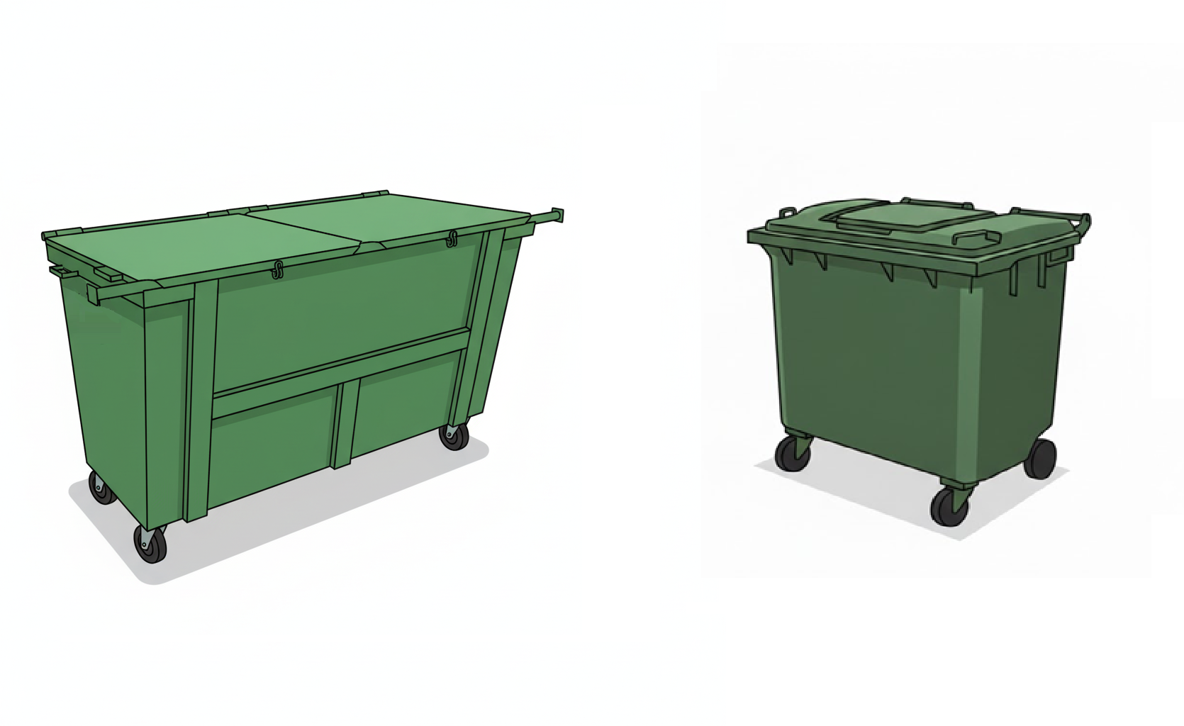 Comparação visual entre container de lixo plástico e metálico de 1200 litros